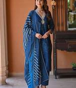 Blue embroidery printed rayon straight kurta pant set with organza dupatta for women