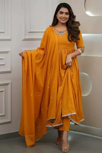 Mustard embroidery viscos anarkali kurta pant set with chanderi dupatta for women