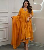 Mustard embroidery viscos anarkali kurta pant set with chanderi dupatta for women