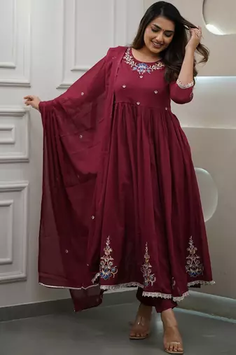 Maroon embroidery viscos anarkali kurta pant set with chanderi dupatta for women