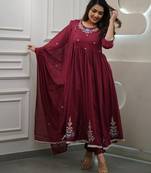 Maroon embroidery viscos anarkali kurta pant set with chanderi dupatta for women