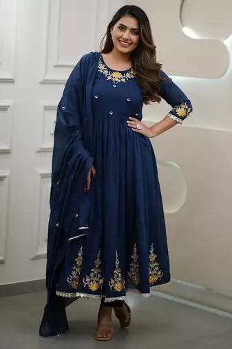 Dark blue embroidery viscos anarkali kurta pant set with chanderi dupatta for women