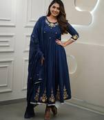 Dark blue embroidery viscos anarkali kurta pant set with chanderi dupatta for women