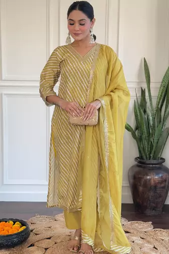 Light yellow embroidery leheriya printed viscos straight kurta set with chanderi dupatta