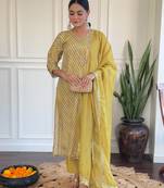Light yellow embroidery leheriya printed viscos straight kurta set with chanderi dupatta