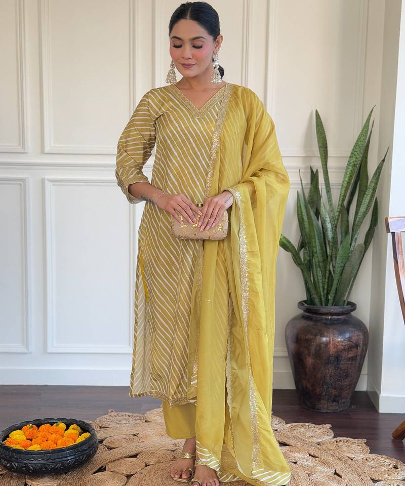 Light yellow embroidery leheriya printed viscos straight kurta set with chanderi dupatta