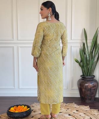 Light yellow embroidery leheriya printed viscos straight kurta set with chanderi dupatta 2