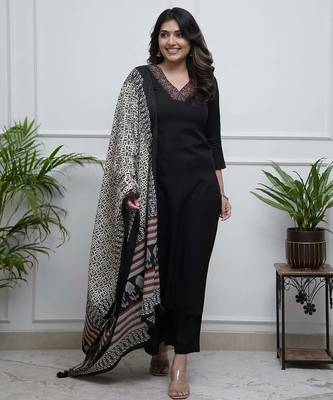 Black embroidery viscos straight kurta set with dupatta for women 1
