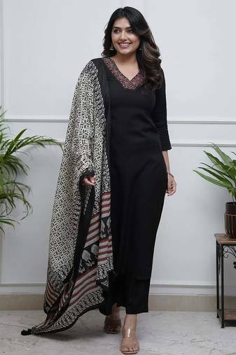 Black embroidery viscos straight kurta set with dupatta for women