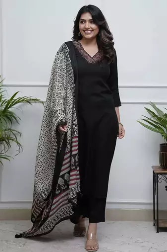 Black embroidery viscos straight kurta set with dupatta for women