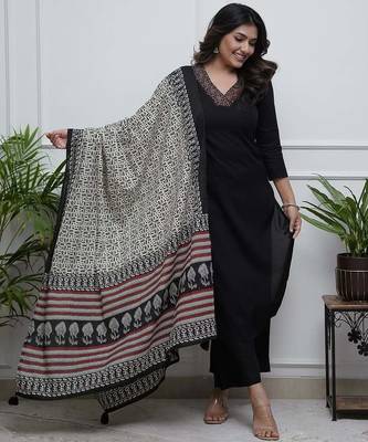 Black embroidery viscos straight kurta set with dupatta for women 2