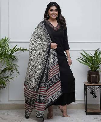 Black embroidery viscos straight kurta set with dupatta for women 3