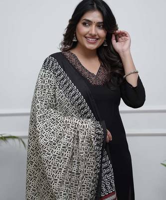 Black embroidery viscos straight kurta set with dupatta for women 4