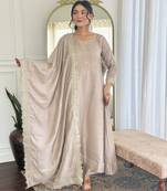 Cream embroidery vichitra silk anarkali kurta pant set with vichitra dupatta for women