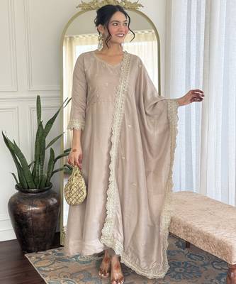 Cream embroidery vichitra silk anarkali kurta pant set with vichitra dupatta for women 3
