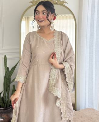 Cream embroidery vichitra silk anarkali kurta pant set with vichitra dupatta for women 4