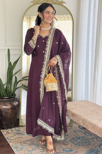 Purple embroidery vichitra silk anarkali kurta pant set with vichitra dupatta for women