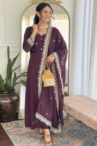 Purple embroidery vichitra silk anarkali kurta pant set with vichitra dupatta for women