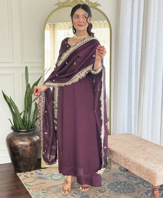 Purple embroidery vichitra silk anarkali kurta pant set with vichitra dupatta for women 3