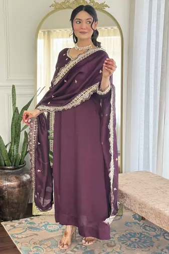 Purple embroidery vichitra silk anarkali kurta pant set with vichitra dupatta for women