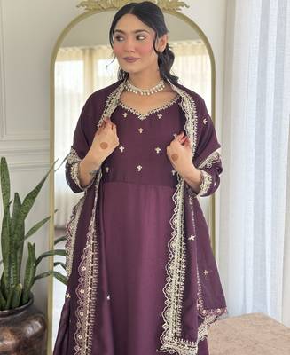 Purple embroidery vichitra silk anarkali kurta pant set with vichitra dupatta for women 4
