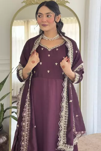Purple embroidery vichitra silk anarkali kurta pant set with vichitra dupatta for women