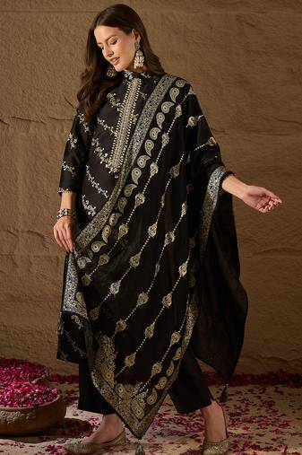 Women black silk blend floral foil printed straight kurta sets