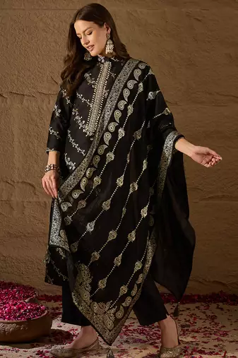 Women black silk blend floral foil printed straight kurta sets