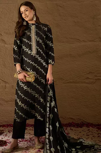 Women black silk blend floral foil printed straight kurta sets
