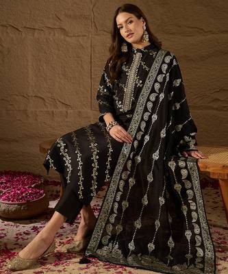 Women black silk blend floral foil printed straight kurta sets 3
