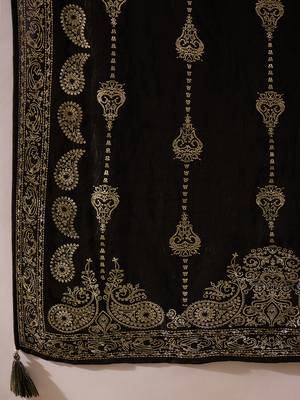 Women black silk blend floral foil printed straight kurta sets 5
