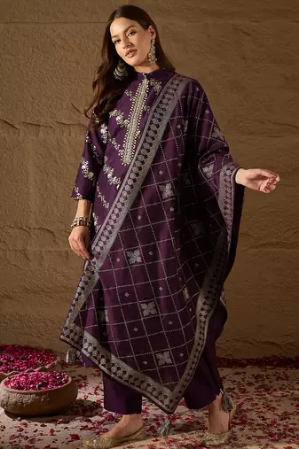 Women purple silk blend floral foil printed straight kurta sets