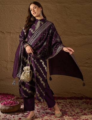 Women purple silk blend floral foil printed straight kurta sets 2
