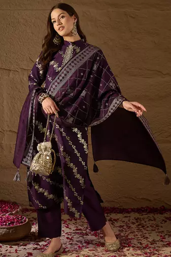 Women purple silk blend floral foil printed straight kurta sets