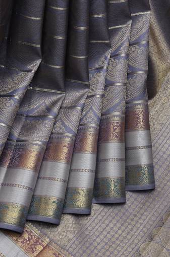Grey pure kanchipuram silk saree with silk mark certified
