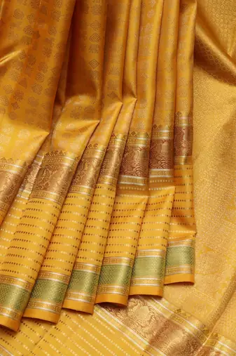 Mustard yellow and gold pure zari silk saree with silk mark certified