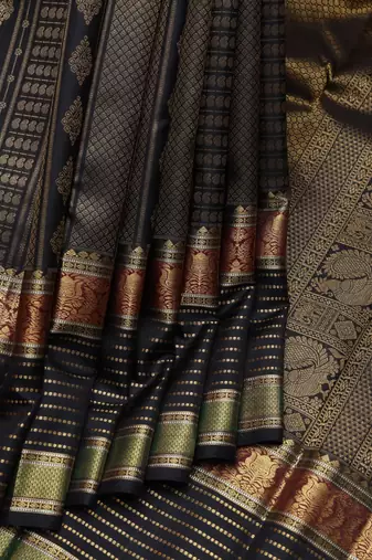 Black and gold pure zari silk saree with silk mark certified