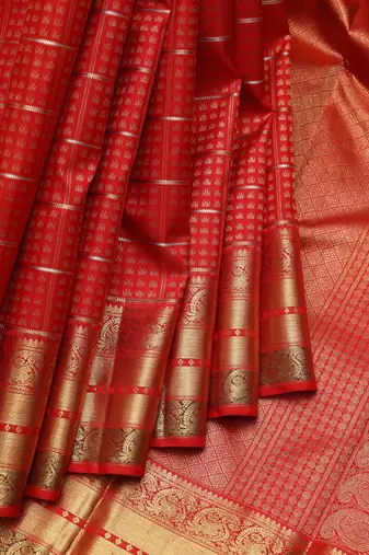 Red temple pure zari silk saree with silk mark certified