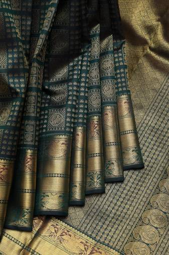 Deep green and gold pure zari silk saree with silk mark certified