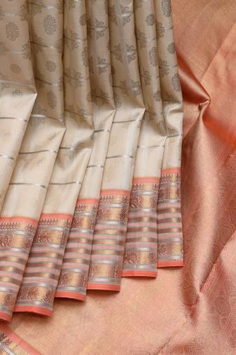 Cream and peach pure zari silk saree