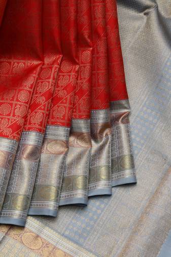 Red and grey pure zari silk saree