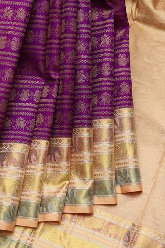 Purple and beige pure zari silk saree
