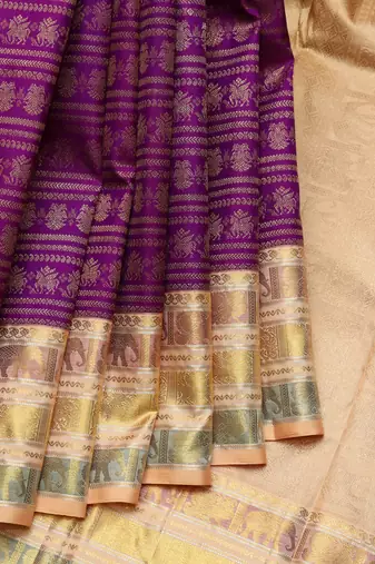 Purple and beige pure zari silk saree