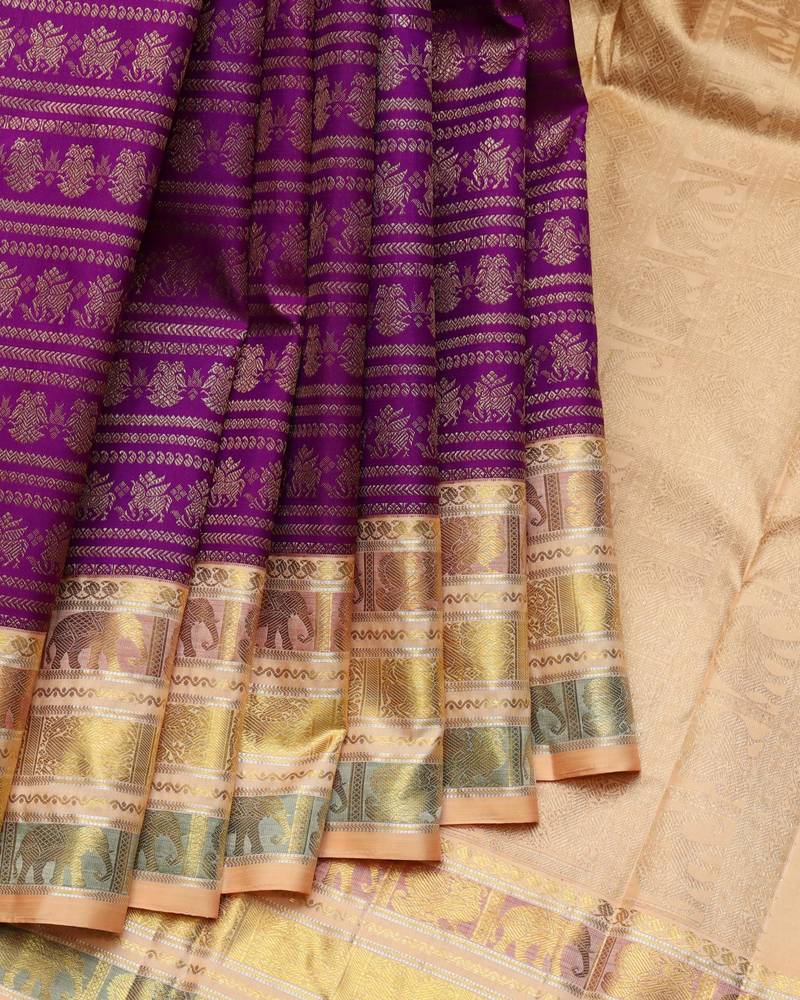Purple and beige pure zari silk saree