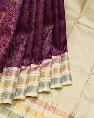 Purple and cream pure zari silk saree with silk mark certified 1