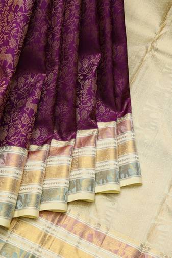Purple and cream pure zari silk saree