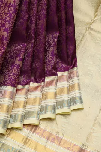 Purple and cream pure zari silk saree