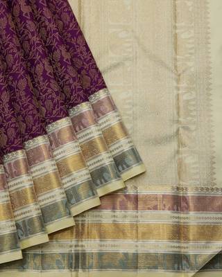 Purple and cream pure zari silk saree with silk mark certified 2