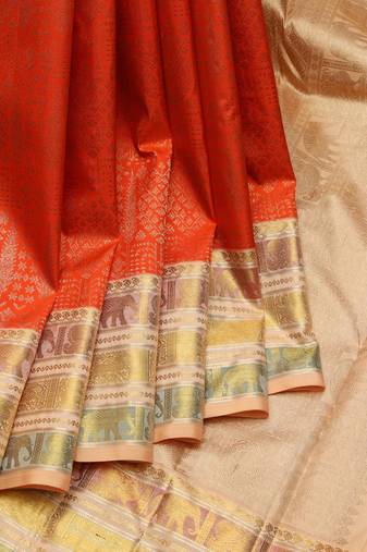 Orange and gold pure zari silk saree with silk mark certified