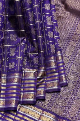 Deep violet and gold pure zari silk saree with silk mark certified